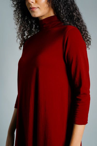 Asymmetric Hem Maroon Cotton Jersey Shift Dress