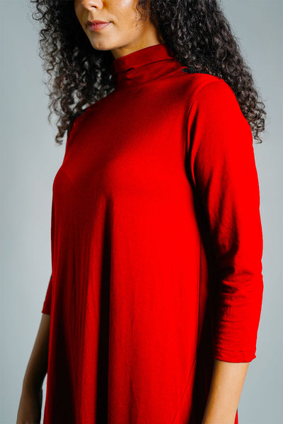 Asymmetric Hem Red Cotton Jersey Shift Dress