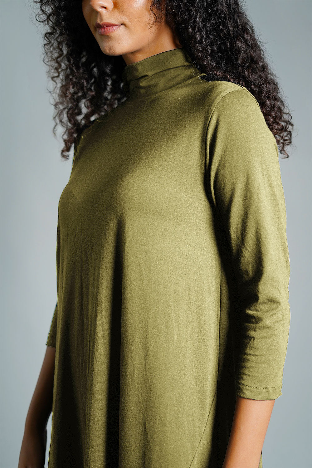 Asymmetric Hem Olive Cotton Jersey Shift Dress