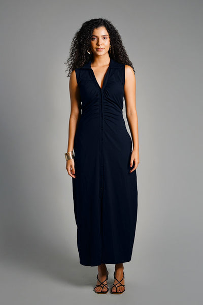 Navy Ruched Cotton Jersey Tie-Back Shirt Dress