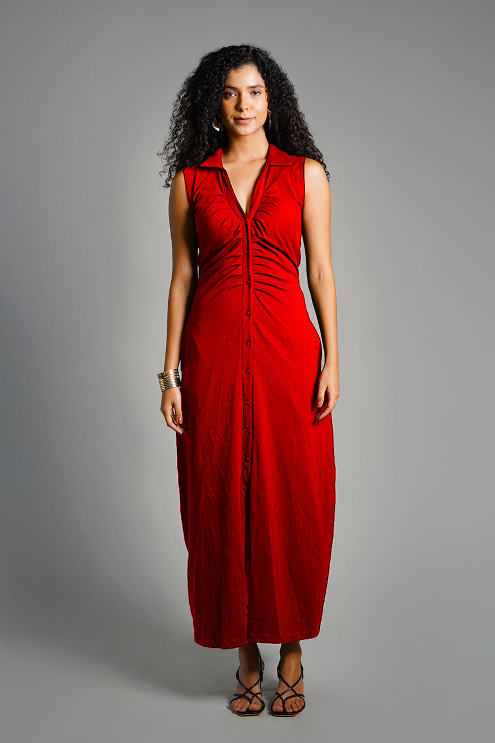Red Ruched Cotton Jersey Tie-Back Shirt Dress