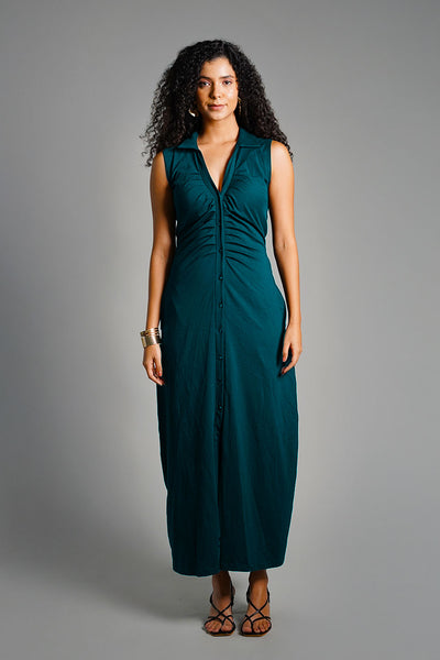 Teal Ruched Cotton Jersey Tie-Back Shirt Dress