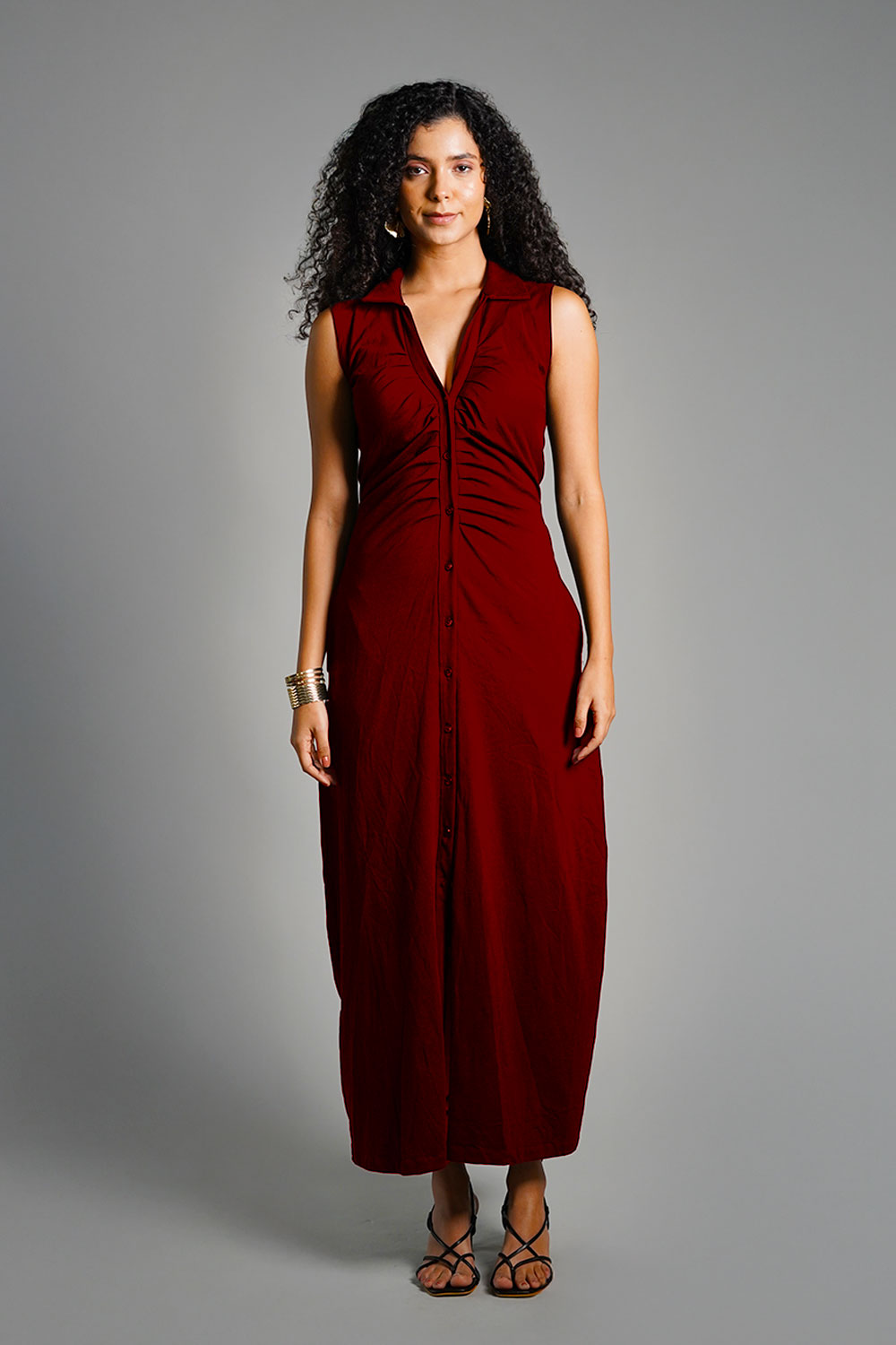 Maroon  Ruched Cotton Jersey Tie-Back Shirt Dress