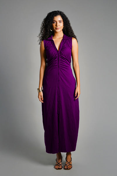 Purple Ruched Cotton Jersey Tie-Back Shirt Dress