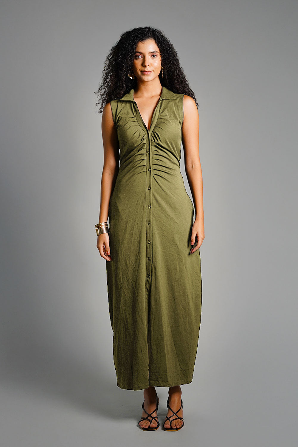 Olive Ruched Cotton Jersey Tie-Back Shirt Dress