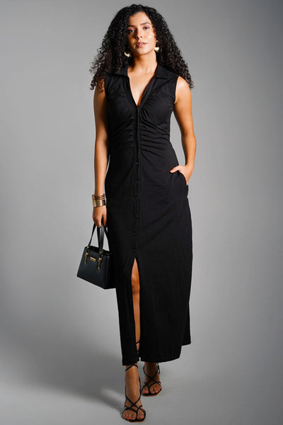 Black Ruched Cotton Jersey Tie-Back Shirt Dress