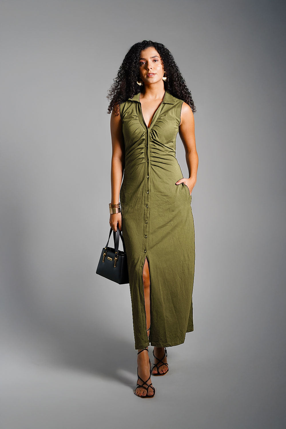 Olive Ruched Cotton Jersey Tie-Back Shirt Dress