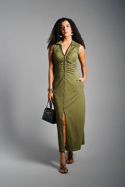 Olive Ruched Cotton Jersey Tie-Back Shirt Dress