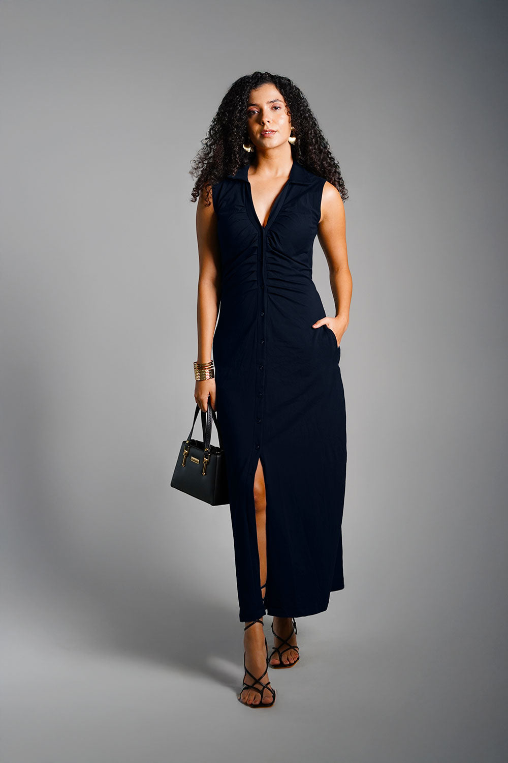 Navy Ruched Cotton Jersey Tie-Back Shirt Dress