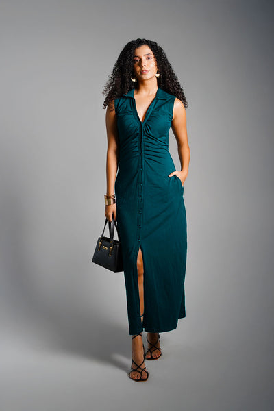 Teal Ruched Cotton Jersey Tie-Back Shirt Dress