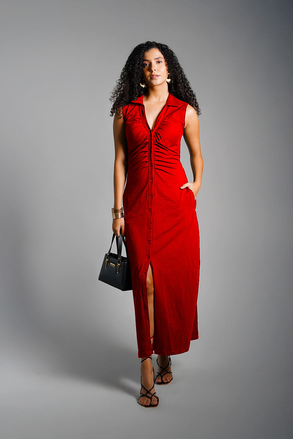 Red Ruched Cotton Jersey Tie-Back Shirt Dress