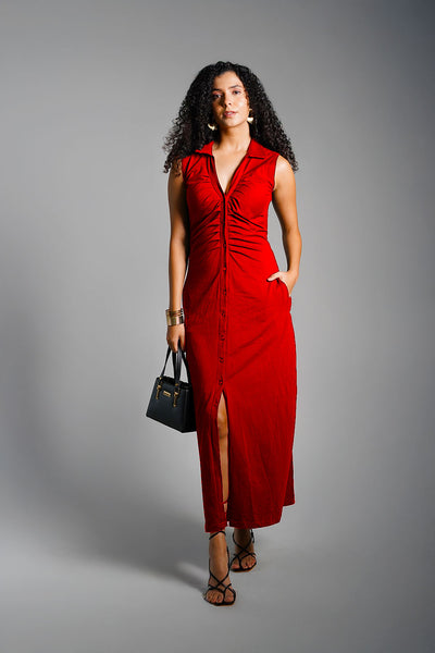 Red Ruched Cotton Jersey Tie-Back Shirt Dress