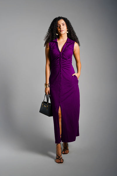 Purple Ruched Cotton Jersey Tie-Back Shirt Dress