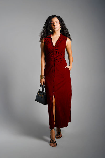Maroon  Ruched Cotton Jersey Tie-Back Shirt Dress
