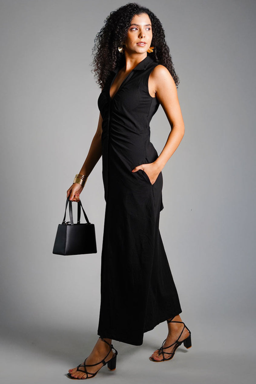 Black Ruched Cotton Jersey Tie-Back Shirt Dress