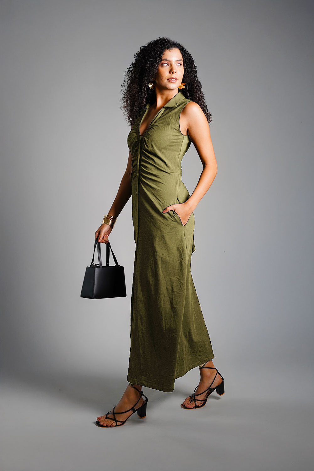Olive Ruched Cotton Jersey Tie-Back Shirt Dress