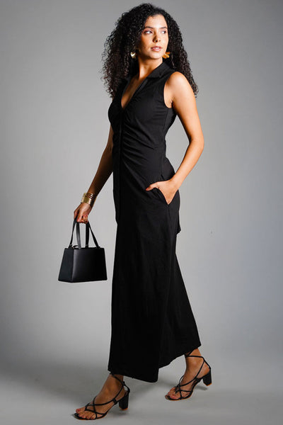 Black Ruched Cotton Jersey Tie-Back Shirt Dress