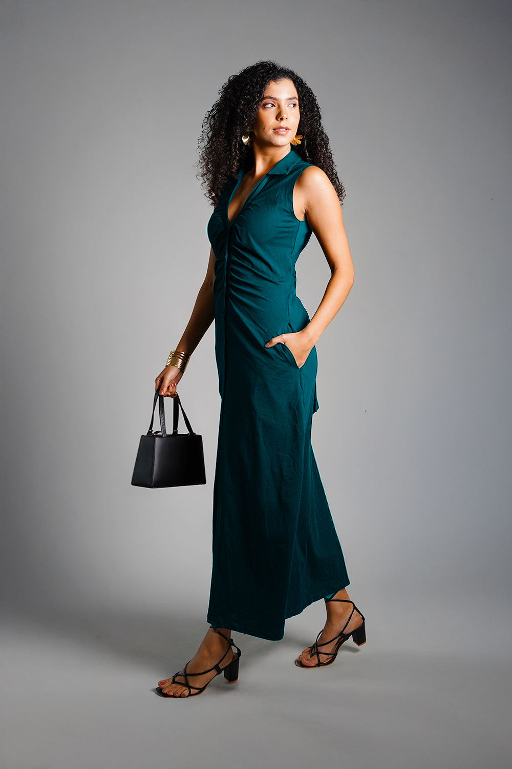 Teal Ruched Cotton Jersey Tie-Back Shirt Dress
