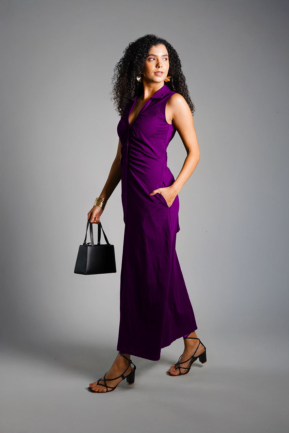 Purple Ruched Cotton Jersey Tie-Back Shirt Dress