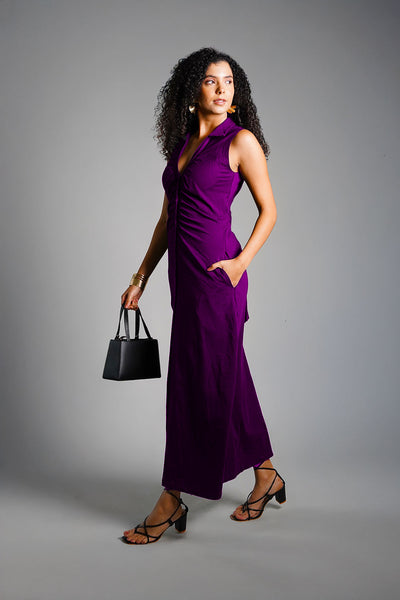 Purple Ruched Cotton Jersey Tie-Back Shirt Dress