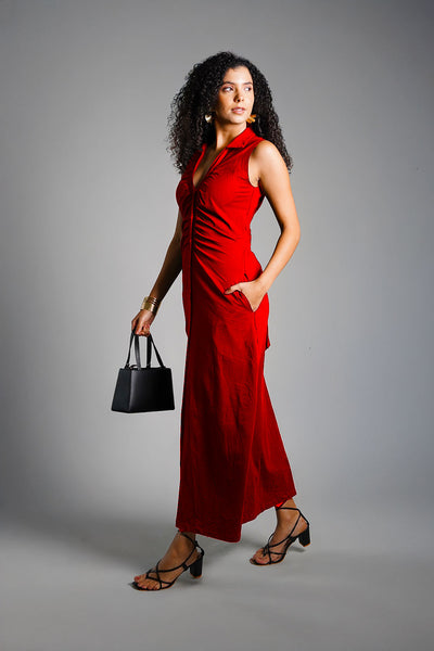 Red Ruched Cotton Jersey Tie-Back Shirt Dress