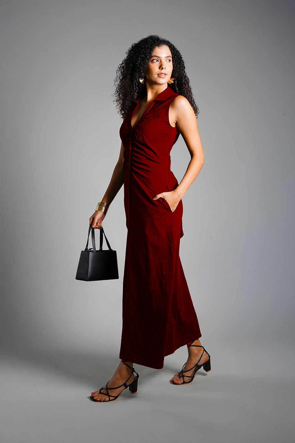 Maroon  Ruched Cotton Jersey Tie-Back Shirt Dress