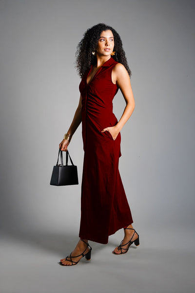 Maroon  Ruched Cotton Jersey Tie-Back Shirt Dress