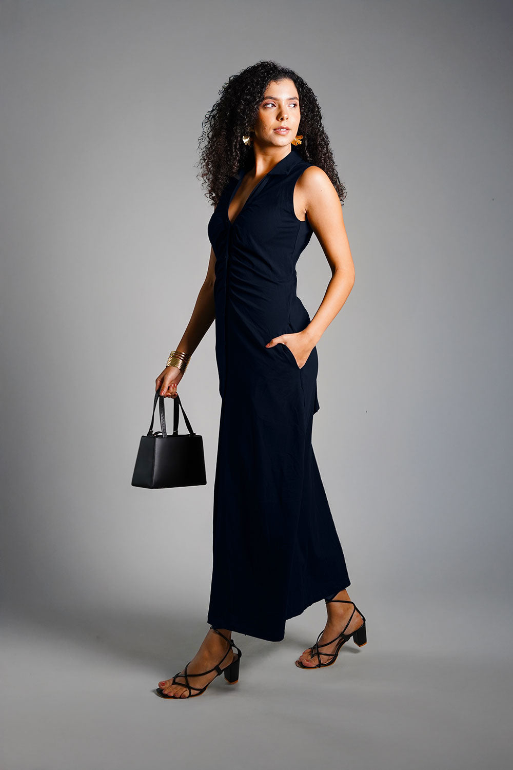 Navy Ruched Cotton Jersey Tie-Back Shirt Dress