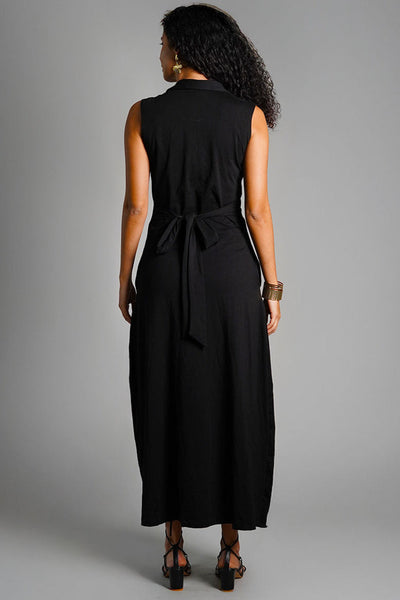 Black Ruched Cotton Jersey Tie-Back Shirt Dress