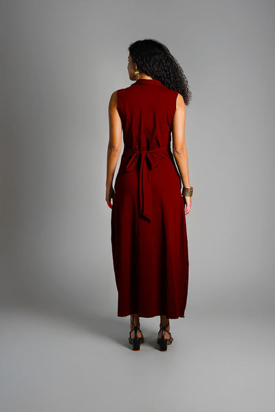 Maroon  Ruched Cotton Jersey Tie-Back Shirt Dress