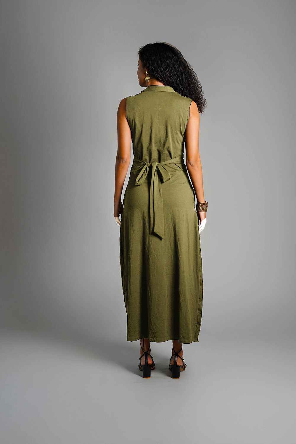 Olive Ruched Cotton Jersey Tie-Back Shirt Dress