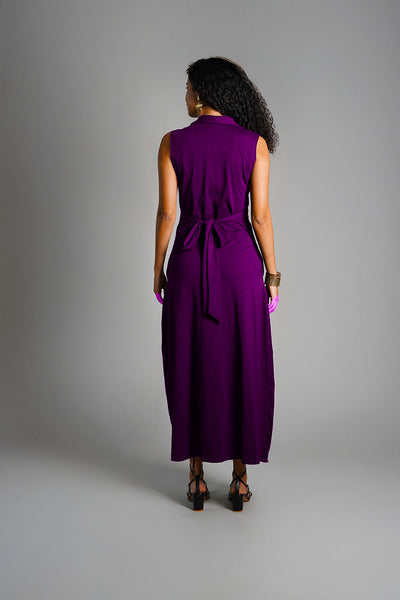 Purple Ruched Cotton Jersey Tie-Back Shirt Dress