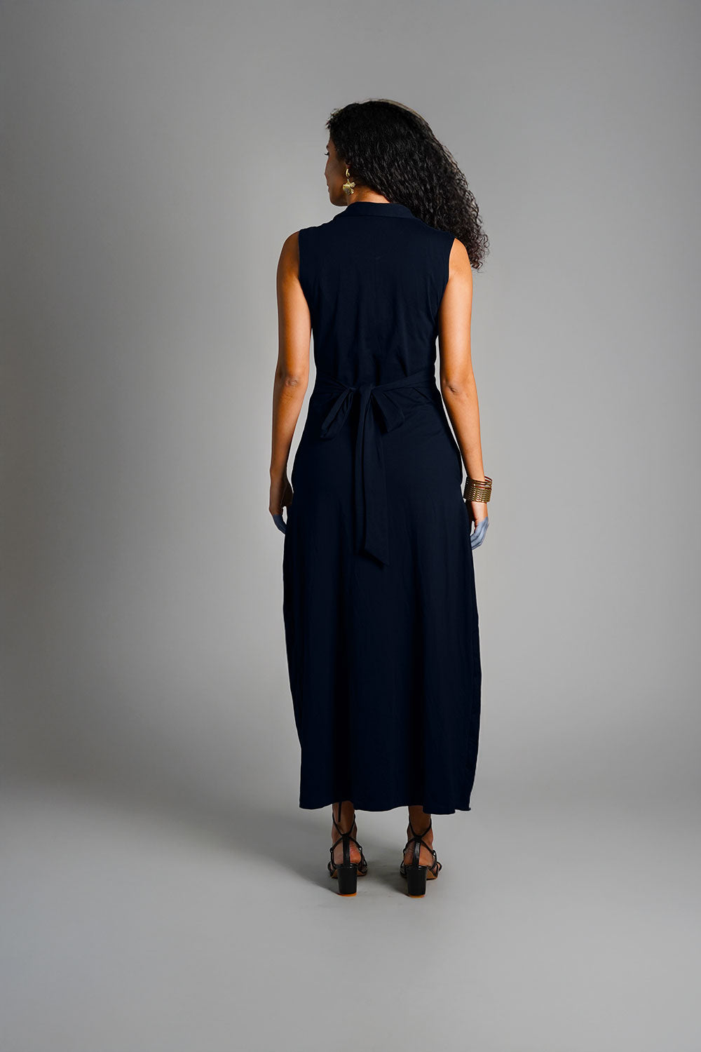 Navy Ruched Cotton Jersey Tie-Back Shirt Dress