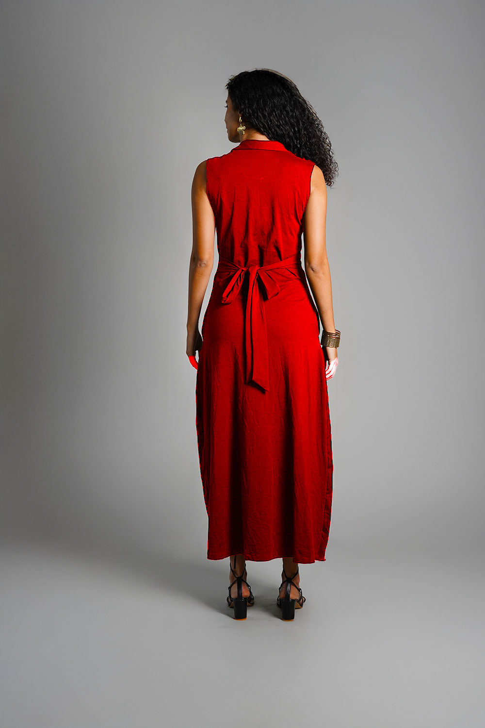 Red Ruched Cotton Jersey Tie-Back Shirt Dress