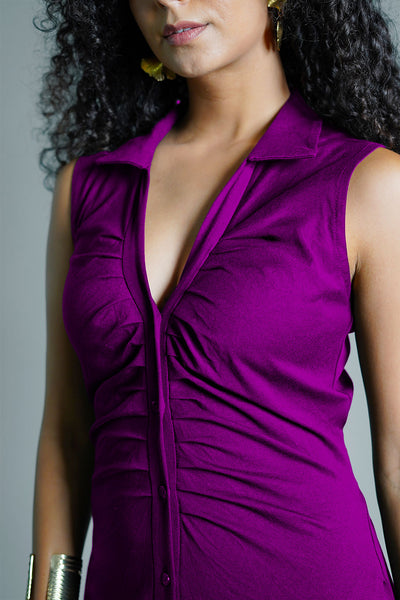 Purple Ruched Cotton Jersey Tie-Back Shirt Dress
