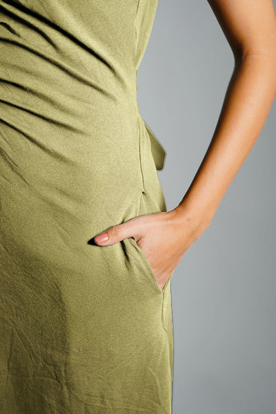 Olive Ruched Cotton Jersey Tie-Back Shirt Dress