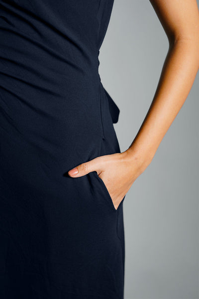 Navy Ruched Cotton Jersey Tie-Back Shirt Dress