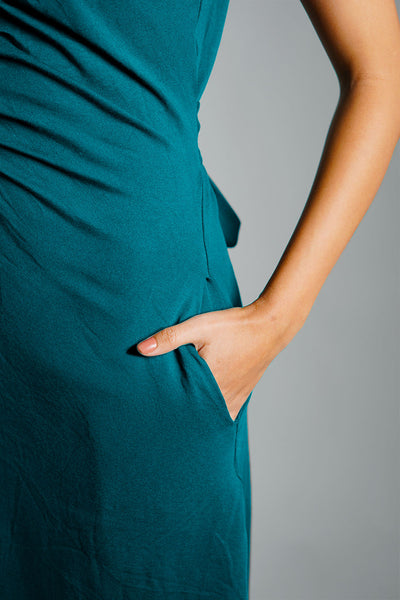 Teal Ruched Cotton Jersey Tie-Back Shirt Dress