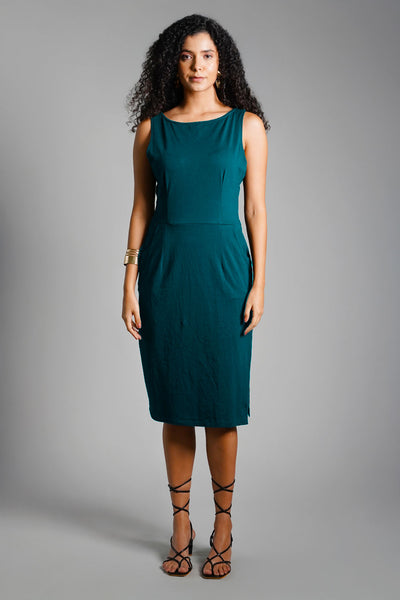 Teal Cotton Jersey Knit Vented Sheath Dress
