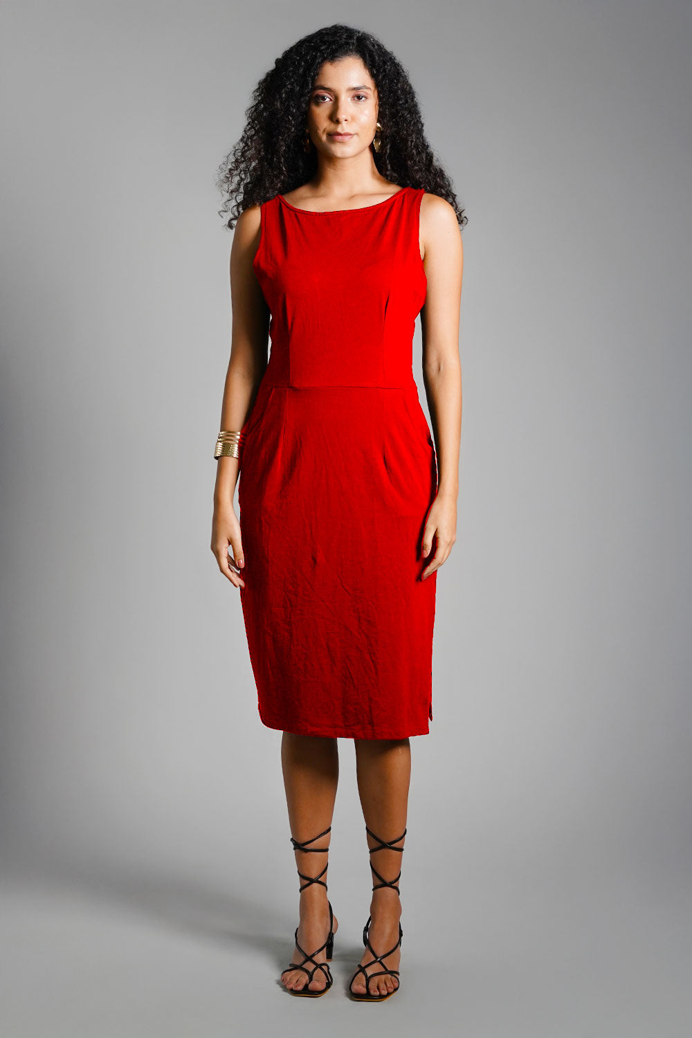 Red Cotton Jersey Knit Vented Sheath Dress