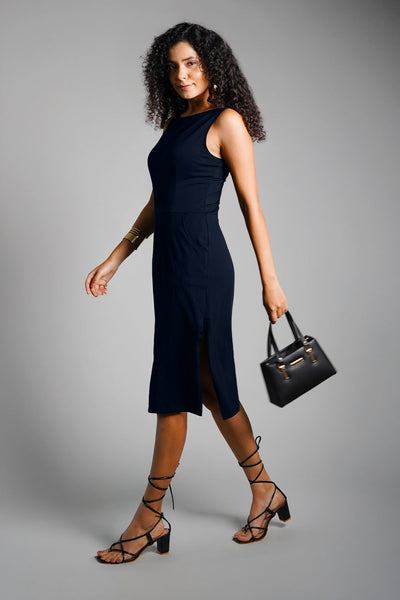 Navy Cotton Jersey Knit Vented Sheath Dress