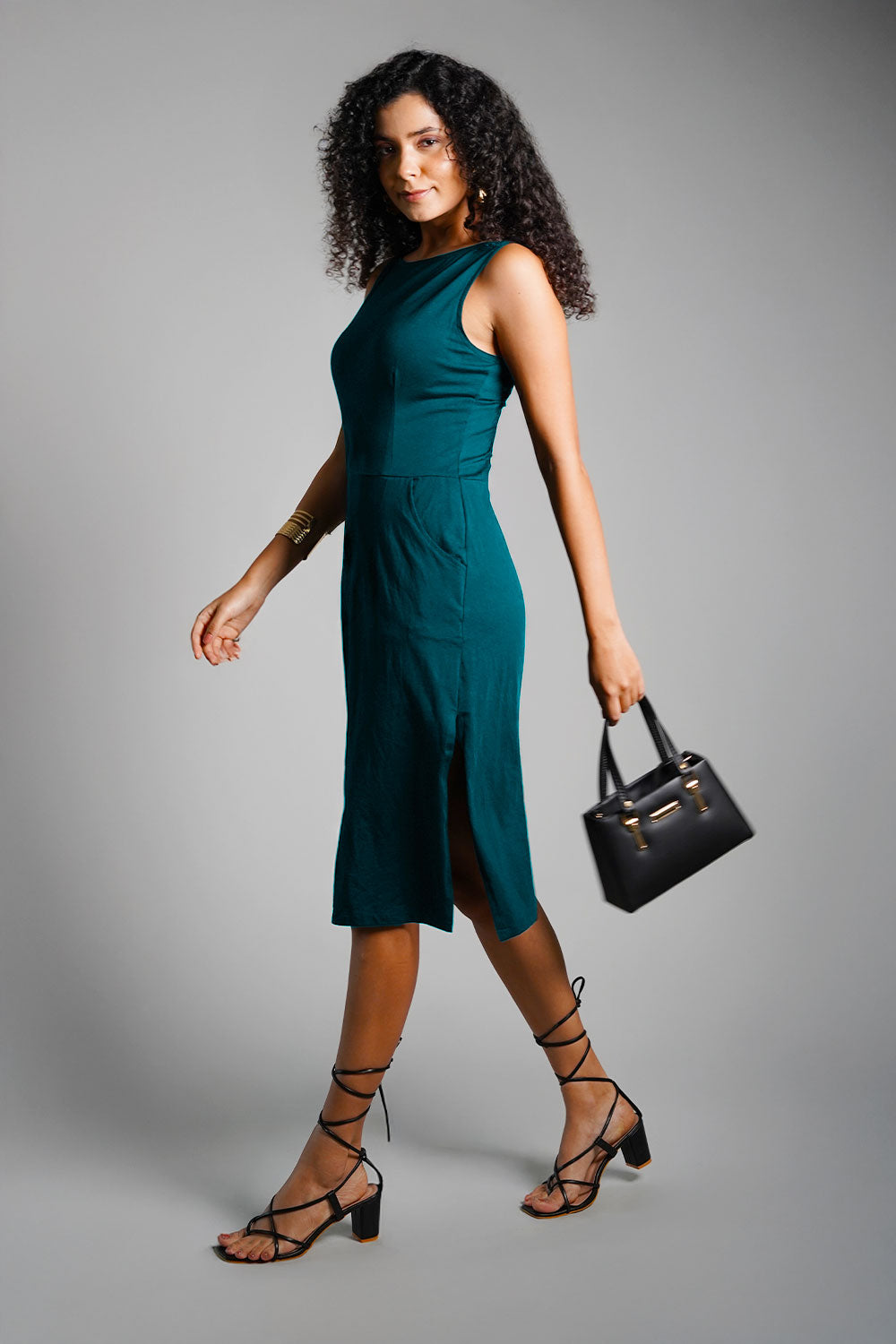 Teal Cotton Jersey Knit Vented Sheath Dress