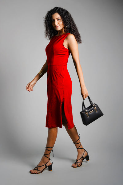 Red Cotton Jersey Knit Vented Sheath Dress