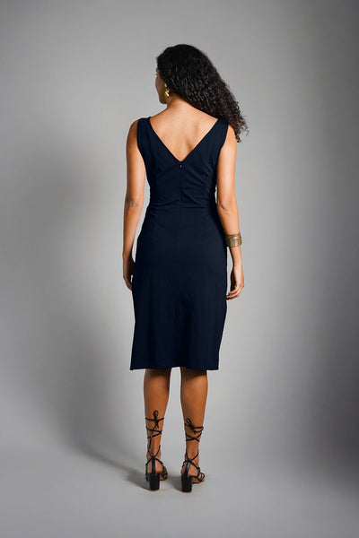 Navy Cotton Jersey Knit Vented Sheath Dress