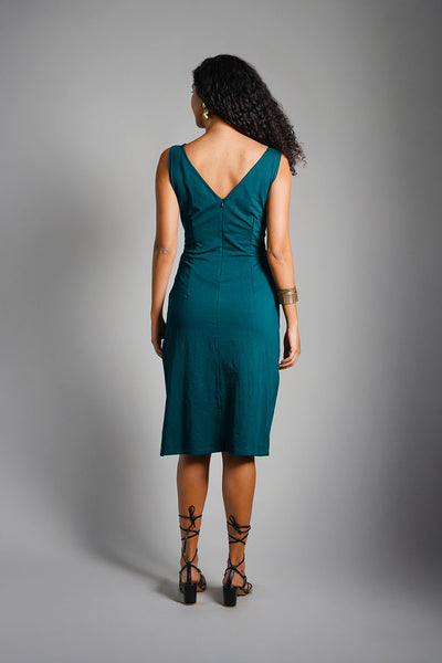 Teal Cotton Jersey Knit Vented Sheath Dress
