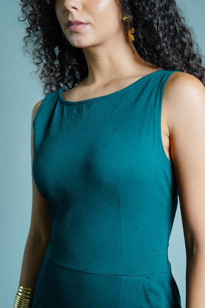 Teal Cotton Jersey Knit Vented Sheath Dress