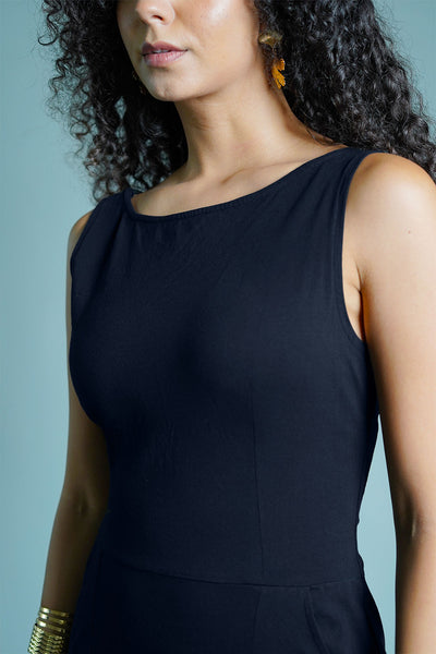 Navy Cotton Jersey Knit Vented Sheath Dress
