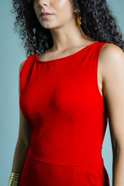 Red Cotton Jersey Knit Vented Sheath Dress