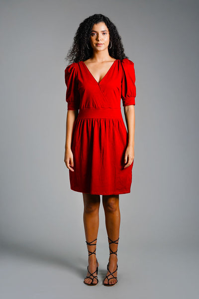 Puff Sleeve Red Cotton Jersey Surplice Dress