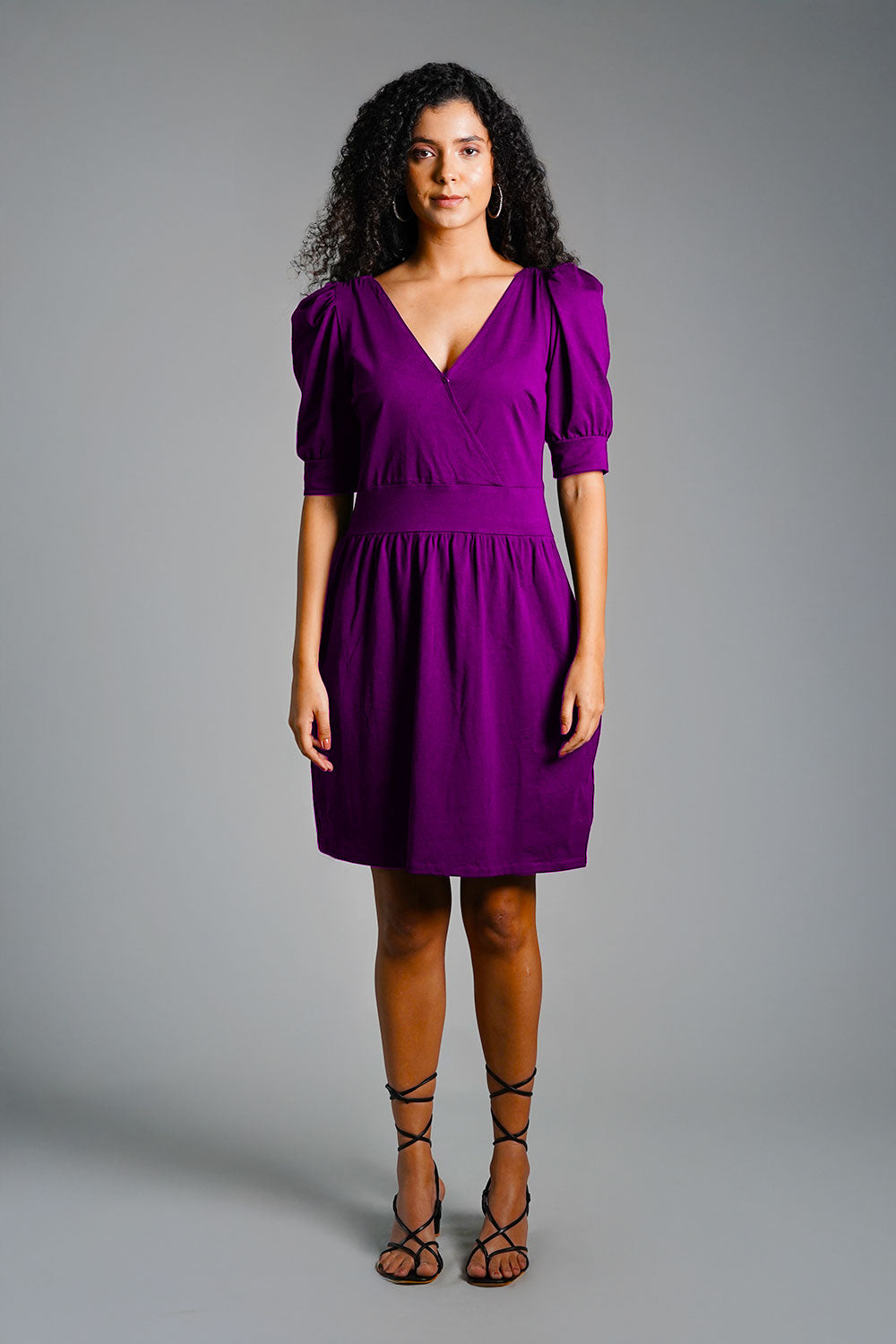 Puff Sleeve Purple Cotton Jersey Surplice Dress